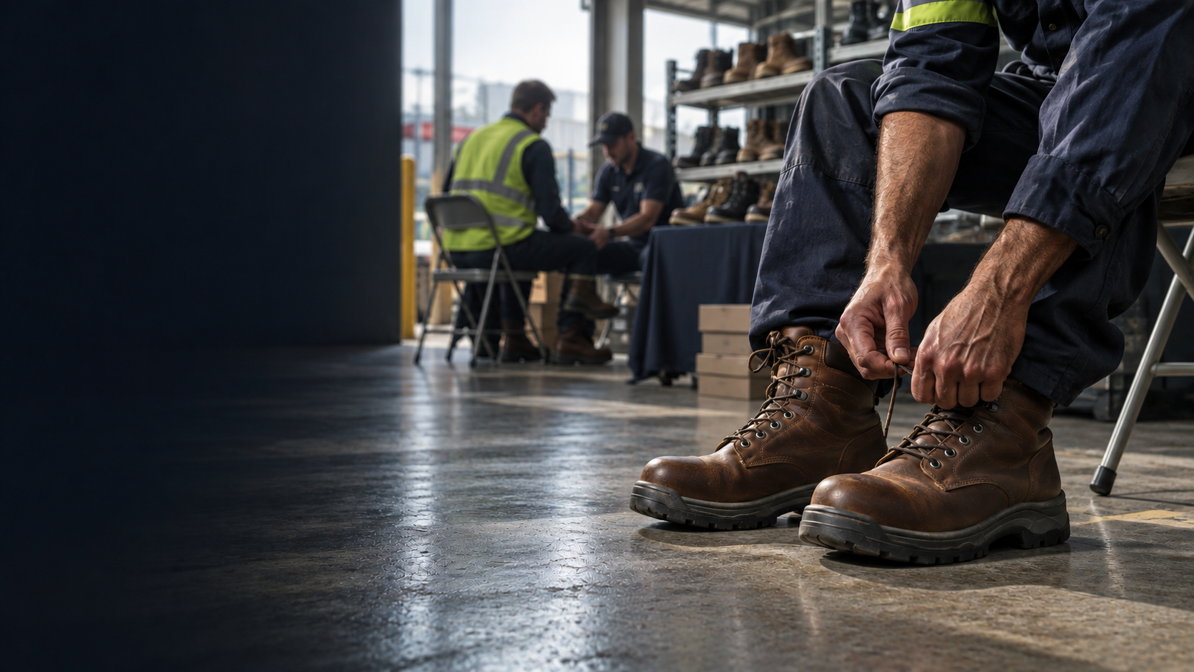 An employee trying on workboots at a workplace fitting event