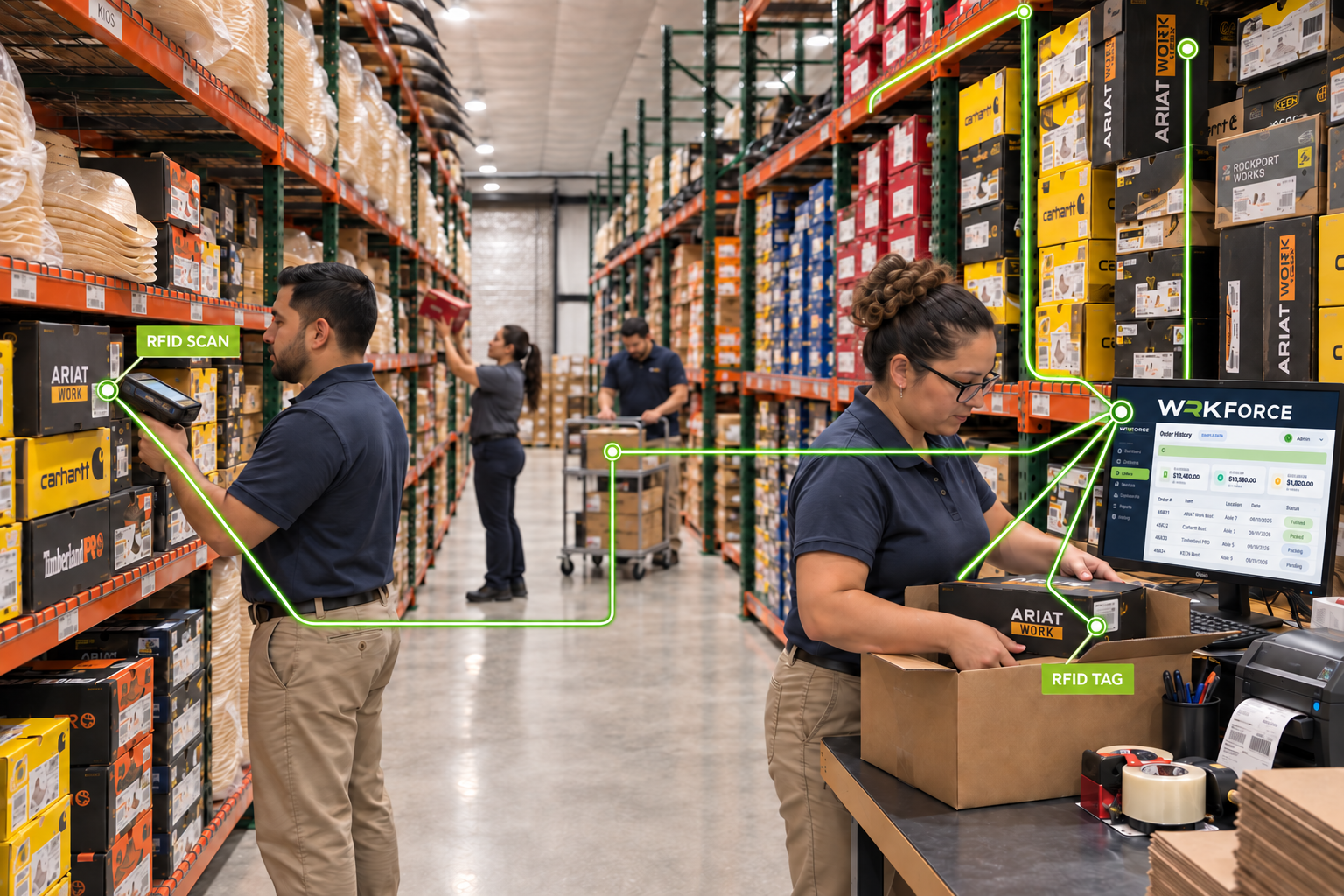 Recreated Way Out West warehouse scene with lime connection lines linking inventory, RFID scanning, picking and packing to the WRKForce workstation