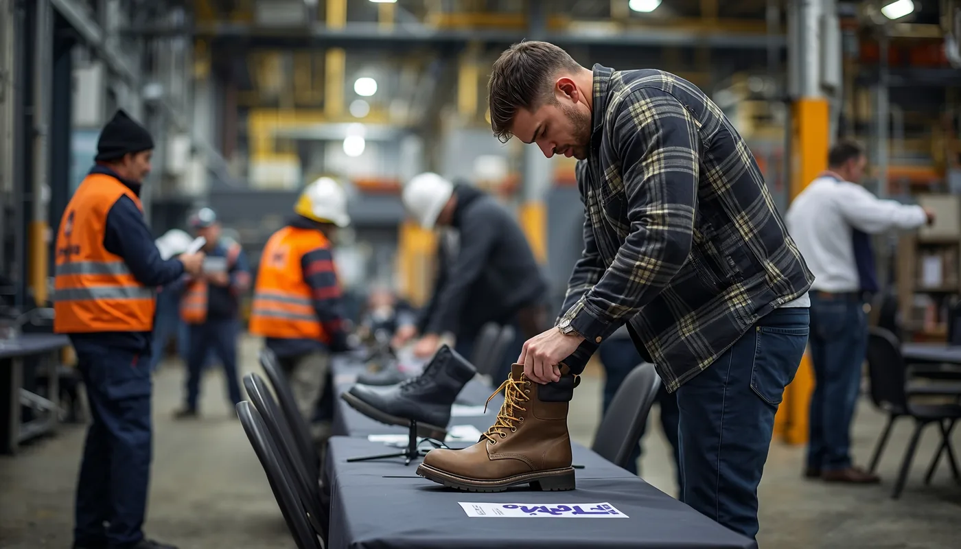 A worker trying on a steel-toe work boot at an on-site vendor fitting event on an industrial facility floor